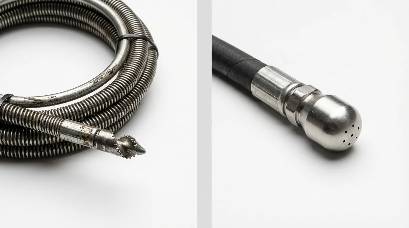 Drain snake cable and hydro jetting nozzle used for drain cleaning in Davidson, NC
