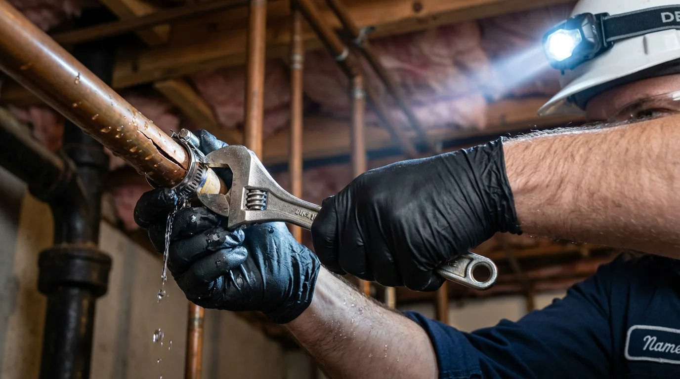 Emergency pipe clamp repair being performed by a Johns Plumbing LLC plumber in Davidson